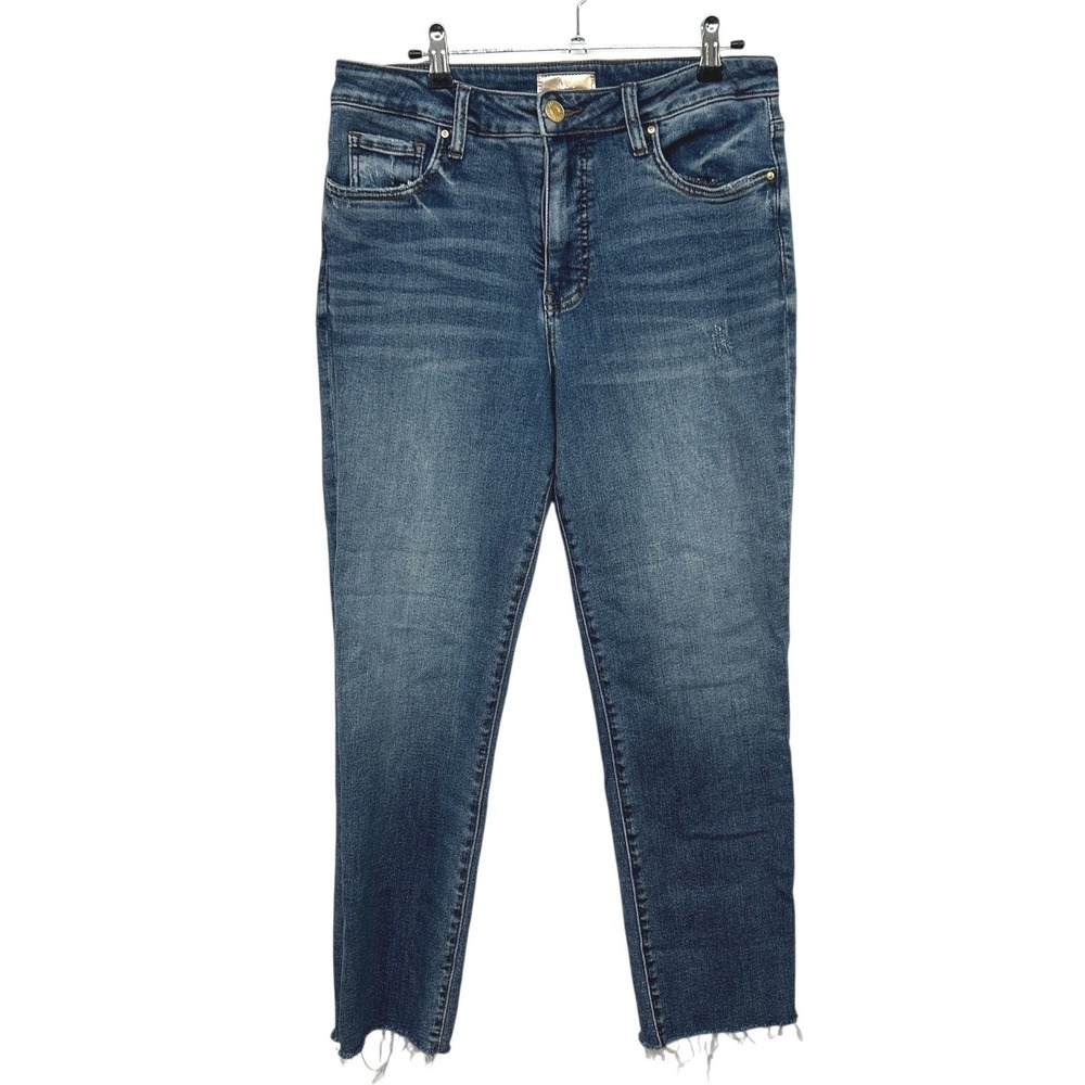KUT‎ Reese Fab Ab Straight Leg Jeans 10 Dark Wash Raw Hem Ankle Stretch Capsule